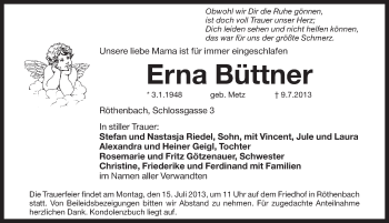 Traueranzeige von Erna Buettner von Pegnitz-Zeitung